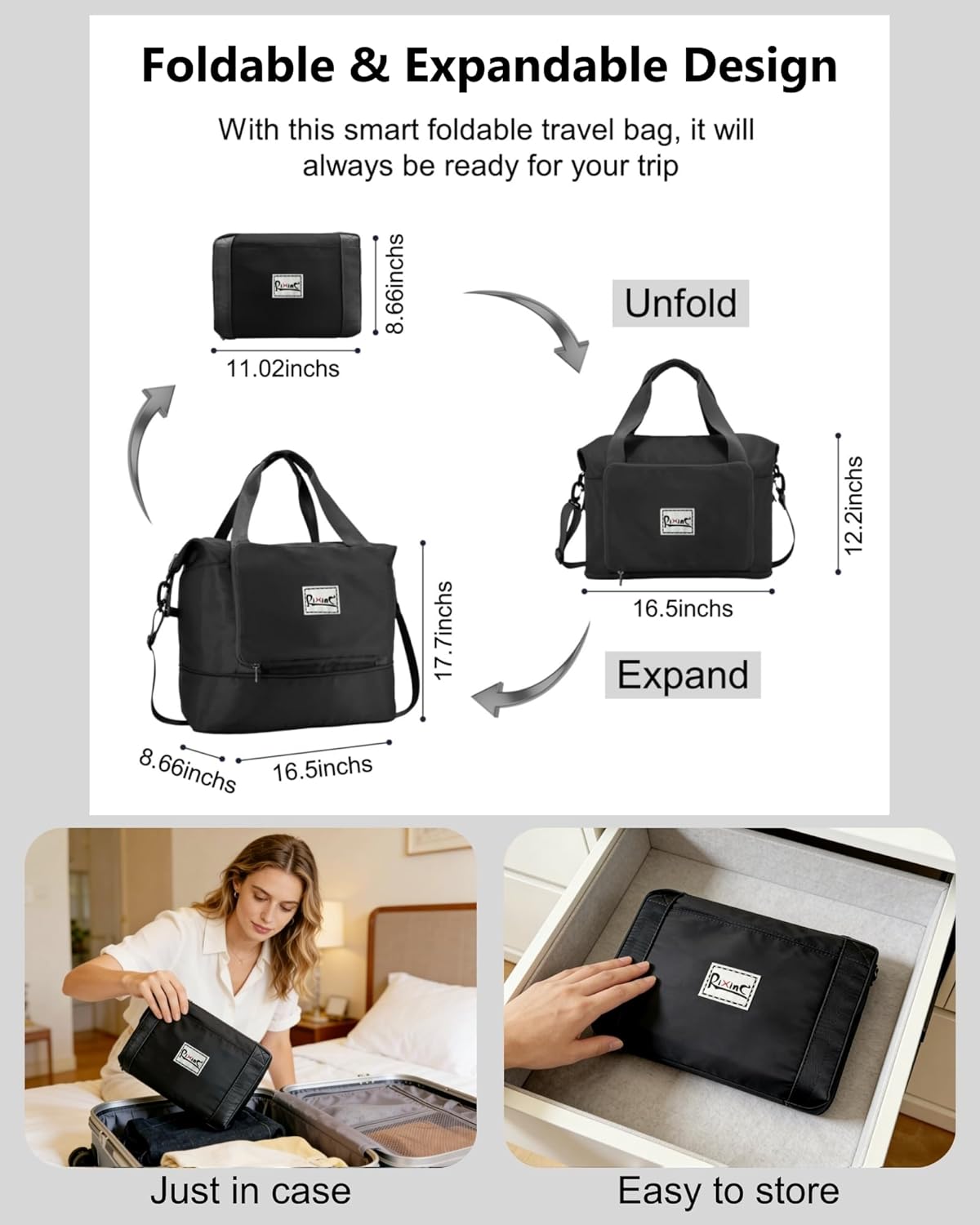 Foldable Travel Duffel Bag for Women, Black | 40L Expandable Carry on Bag Personal Item Flight Approved Lightweight Water Resistant Overnight Weekender Bag, Nylon