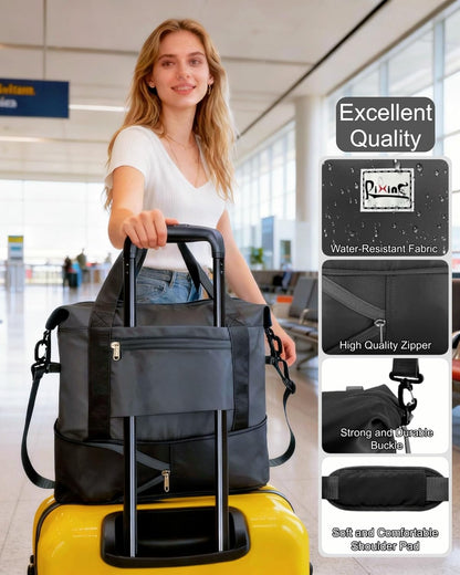 Foldable Travel Duffel Bag for Women, Black | 40L Expandable Carry on Bag Personal Item Flight Approved Lightweight Water Resistant Overnight Weekender Bag, Nylon