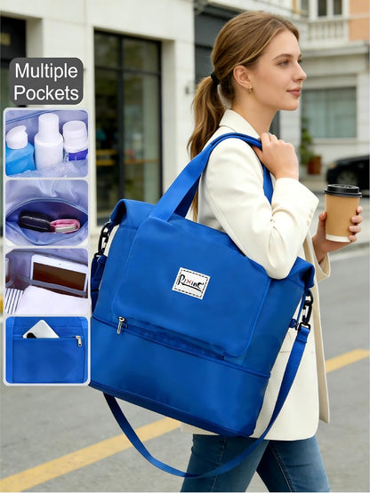 Foldable Travel Duffel Bag for Women, Black | 40L Expandable Carry on Bag Personal Item Flight Approved Lightweight Water Resistant Overnight Weekender Bag, Nylon