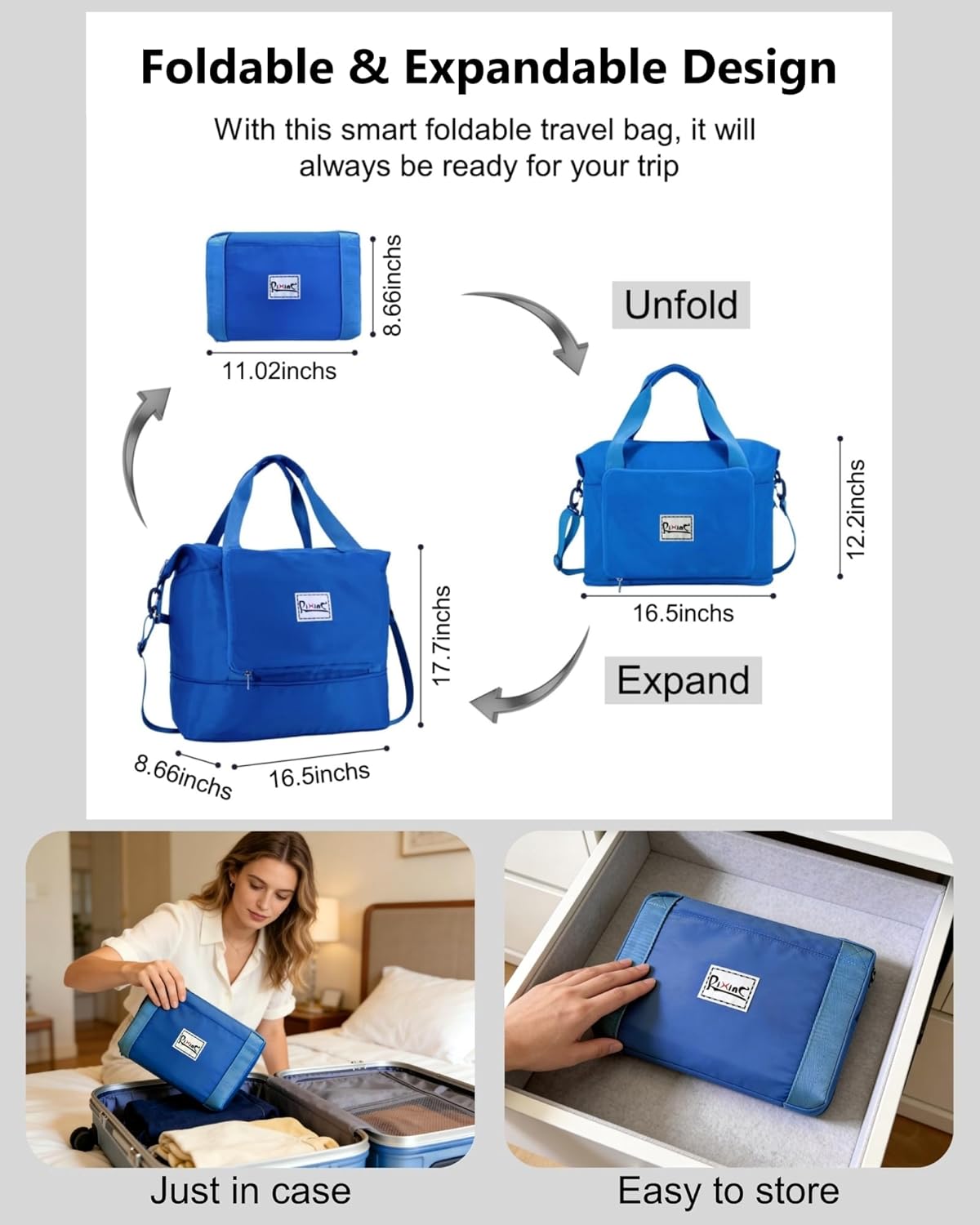 Foldable Travel Duffel Bag for Women, Black | 40L Expandable Carry on Bag Personal Item Flight Approved Lightweight Water Resistant Overnight Weekender Bag, Nylon