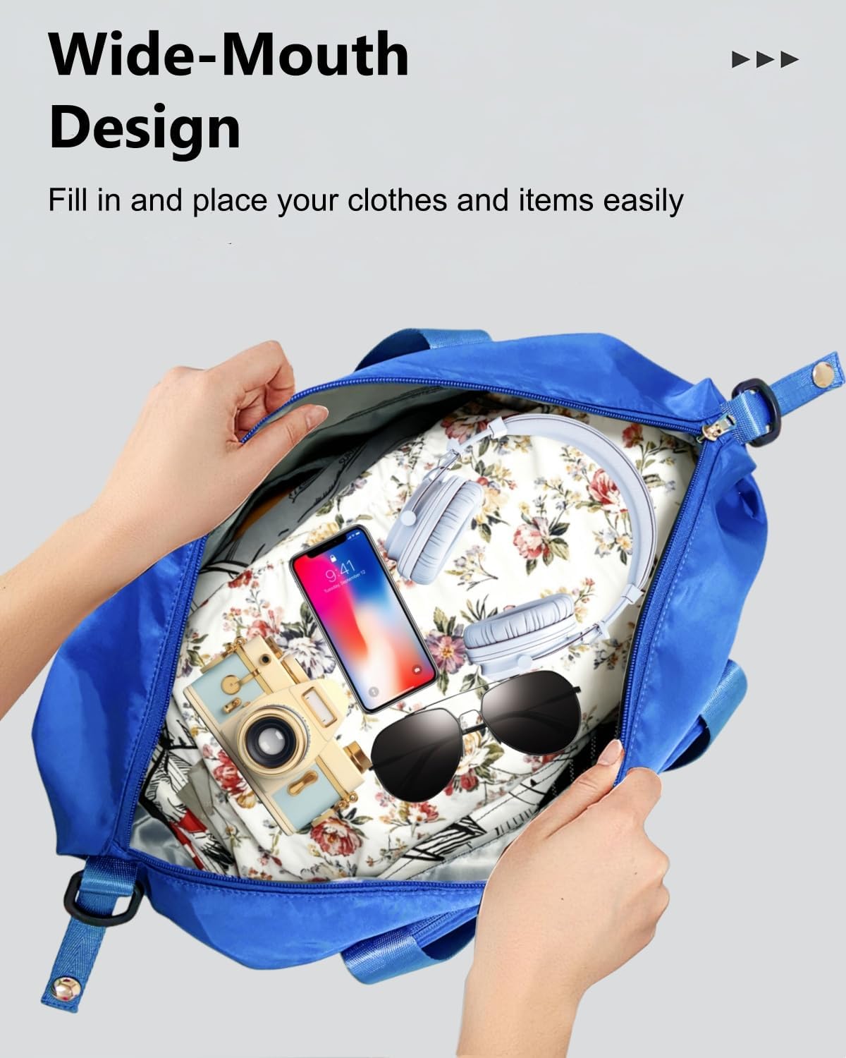 Foldable Travel Duffel Bag for Women, Black | 40L Expandable Carry on Bag Personal Item Flight Approved Lightweight Water Resistant Overnight Weekender Bag, Nylon