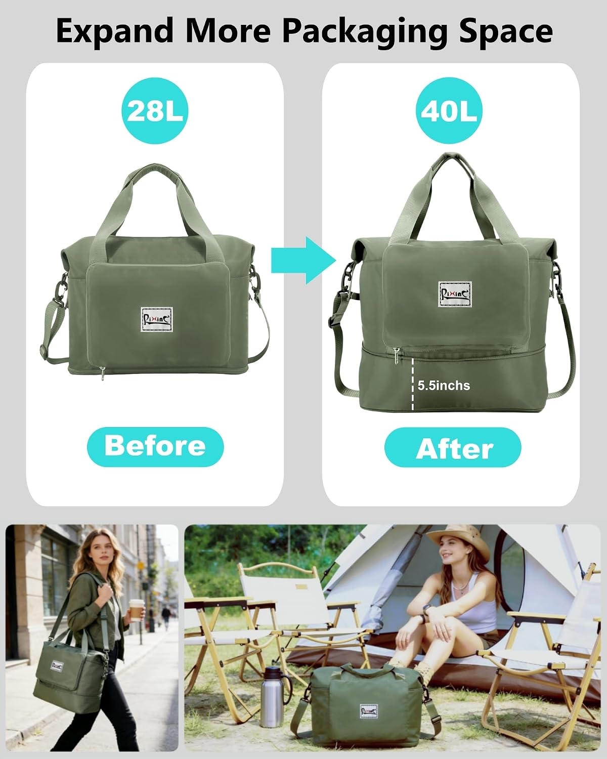 Foldable Travel Duffel Bag for Women, Black | 40L Expandable Carry on Bag Personal Item Flight Approved Lightweight Water Resistant Overnight Weekender Bag, Nylon