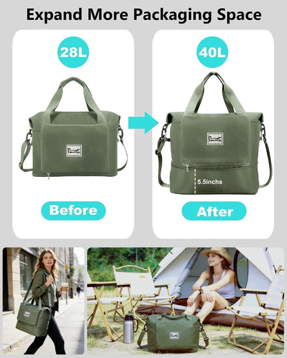 Foldable Travel Duffel Bag for Women, Black | 40L Expandable Carry on Bag Personal Item Flight Approved Lightweight Water Resistant Overnight Weekender Bag, Nylon
