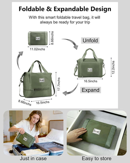 Foldable Travel Duffel Bag for Women, Black | 40L Expandable Carry on Bag Personal Item Flight Approved Lightweight Water Resistant Overnight Weekender Bag, Nylon