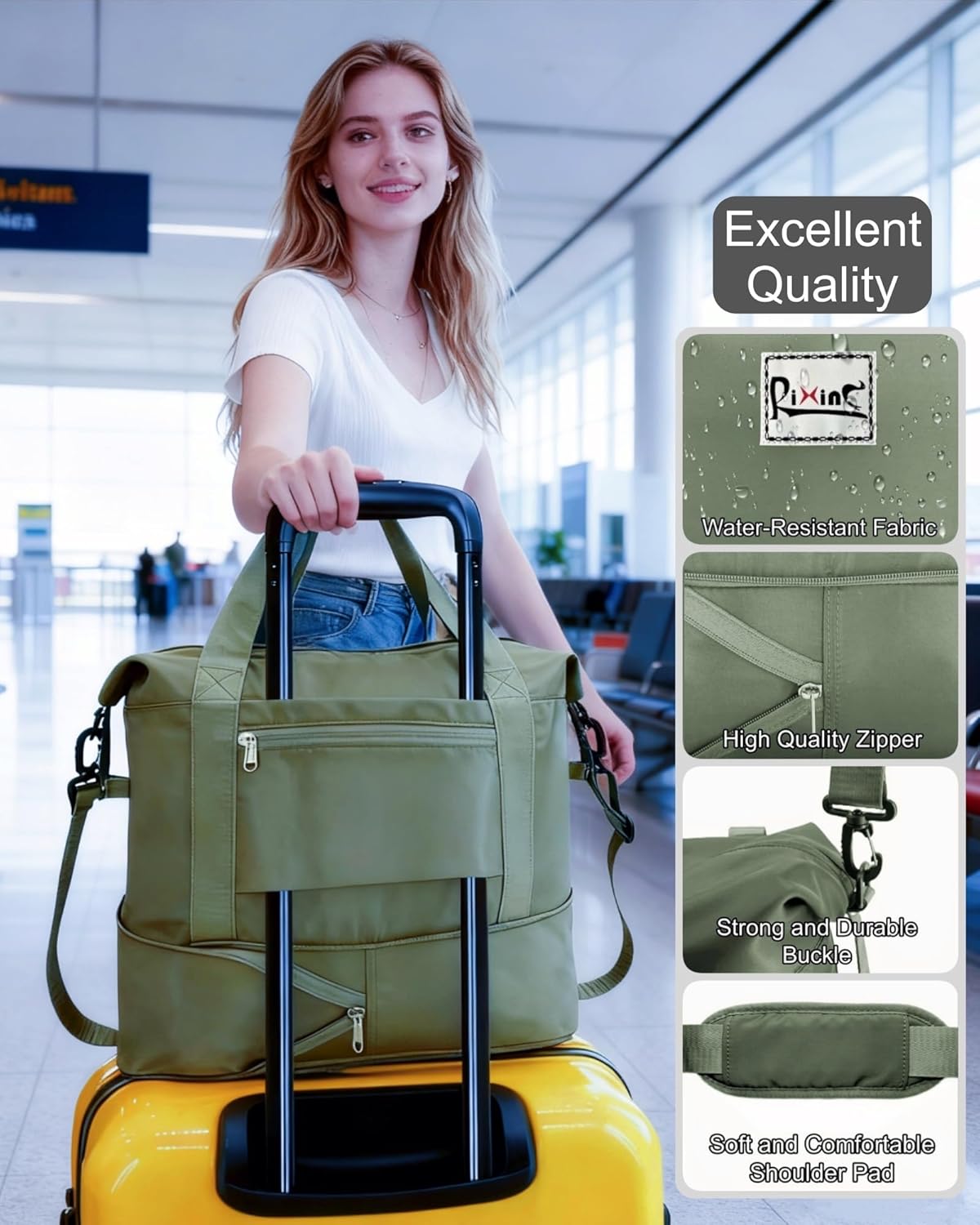 Foldable Travel Duffel Bag for Women, Black | 40L Expandable Carry on Bag Personal Item Flight Approved Lightweight Water Resistant Overnight Weekender Bag, Nylon