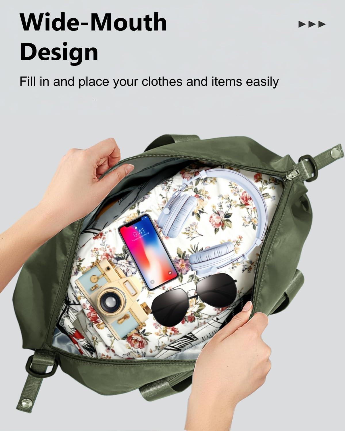 Foldable Travel Duffel Bag for Women, Black | 40L Expandable Carry on Bag Personal Item Flight Approved Lightweight Water Resistant Overnight Weekender Bag, Nylon