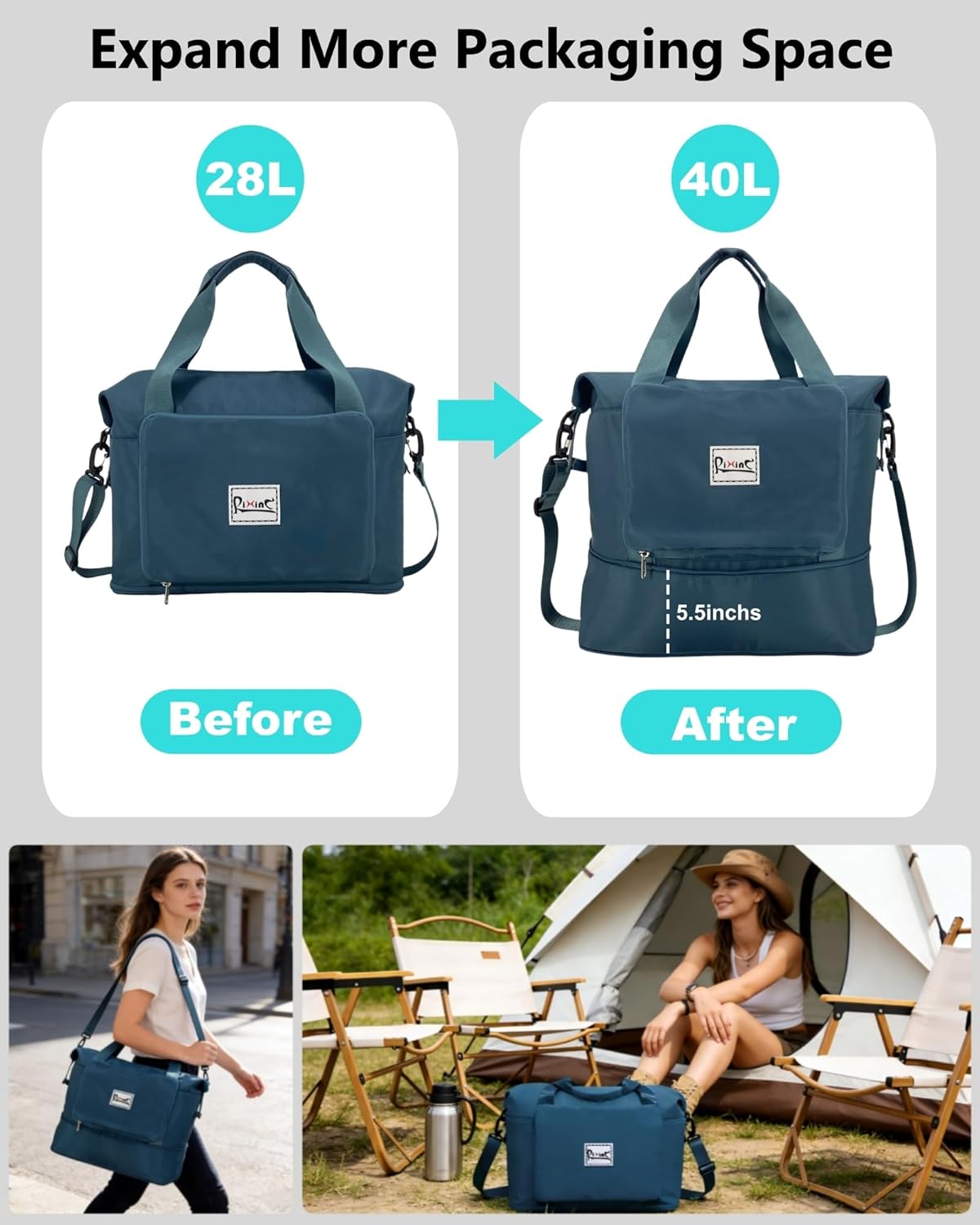 Foldable Travel Duffel Bag for Women, Black | 40L Expandable Carry on Bag Personal Item Flight Approved Lightweight Water Resistant Overnight Weekender Bag, Nylon