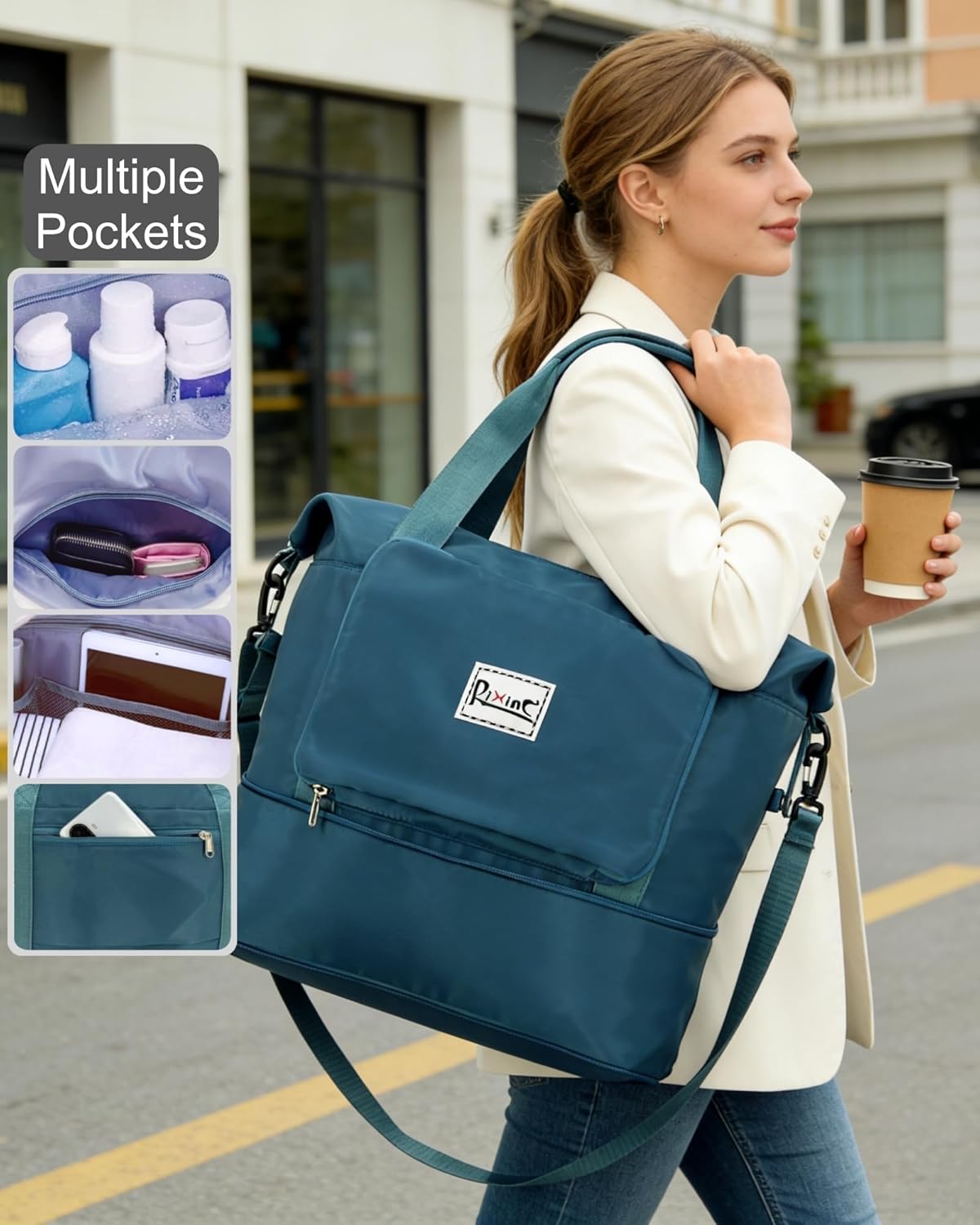 Foldable Travel Duffel Bag for Women, Black | 40L Expandable Carry on Bag Personal Item Flight Approved Lightweight Water Resistant Overnight Weekender Bag, Nylon