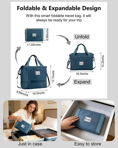 Foldable Travel Duffel Bag for Women, Black | 40L Expandable Carry on Bag Personal Item Flight Approved Lightweight Water Resistant Overnight Weekender Bag, Nylon