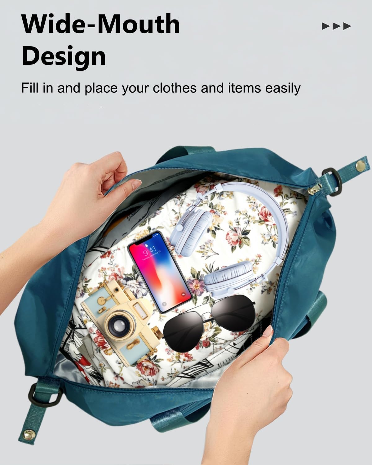 Foldable Travel Duffel Bag for Women, Black | 40L Expandable Carry on Bag Personal Item Flight Approved Lightweight Water Resistant Overnight Weekender Bag, Nylon