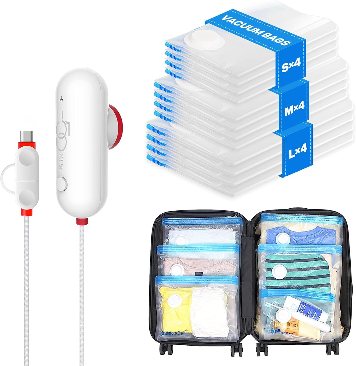 15 Pack Travel Vacuum Storage Bags with USB Pump, Vacuum Packing Seal for Luggage and Suitcase, Space Saver for Clothes and Clothing Travel