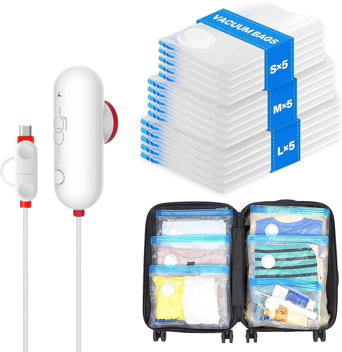 15 Pack Travel Vacuum Storage Bags with USB Pump, Vacuum Packing Seal for Luggage and Suitcase, Space Saver for Clothes and Clothing Travel