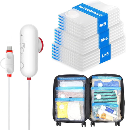 15 Pack Travel Vacuum Storage Bags with USB Pump, Vacuum Packing Seal for Luggage and Suitcase, Space Saver for Clothes and Clothing Travel