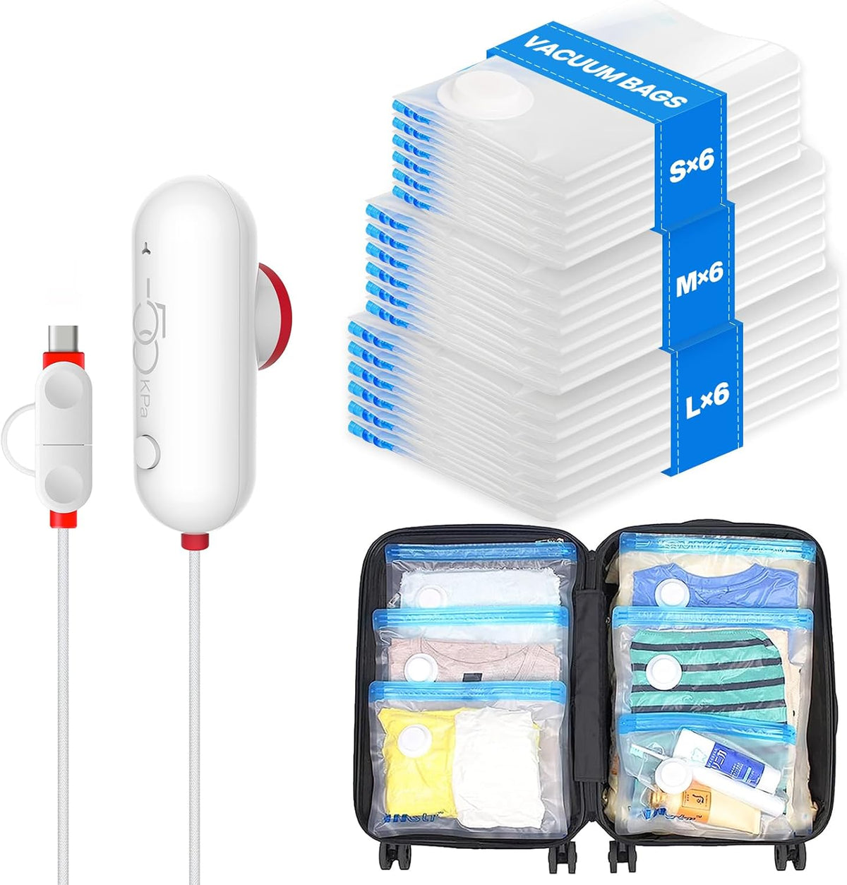 15 Pack Travel Vacuum Storage Bags with USB Pump, Vacuum Packing Seal for Luggage and Suitcase, Space Saver for Clothes and Clothing Travel
