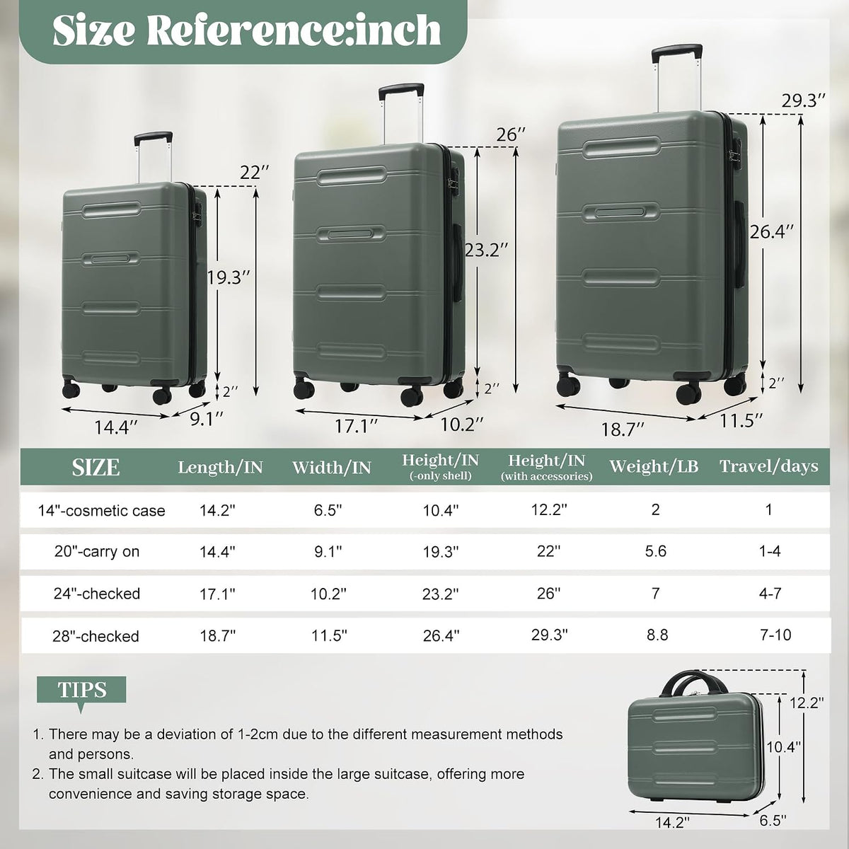 Hardshell Luggage Set, Travel Suitcase Set | Carry on suitcase,Travel luggage set with double spinner wheels and lock.14" 20" 24" 28"+Duffel Bag+Toiletry Bag - Colors B