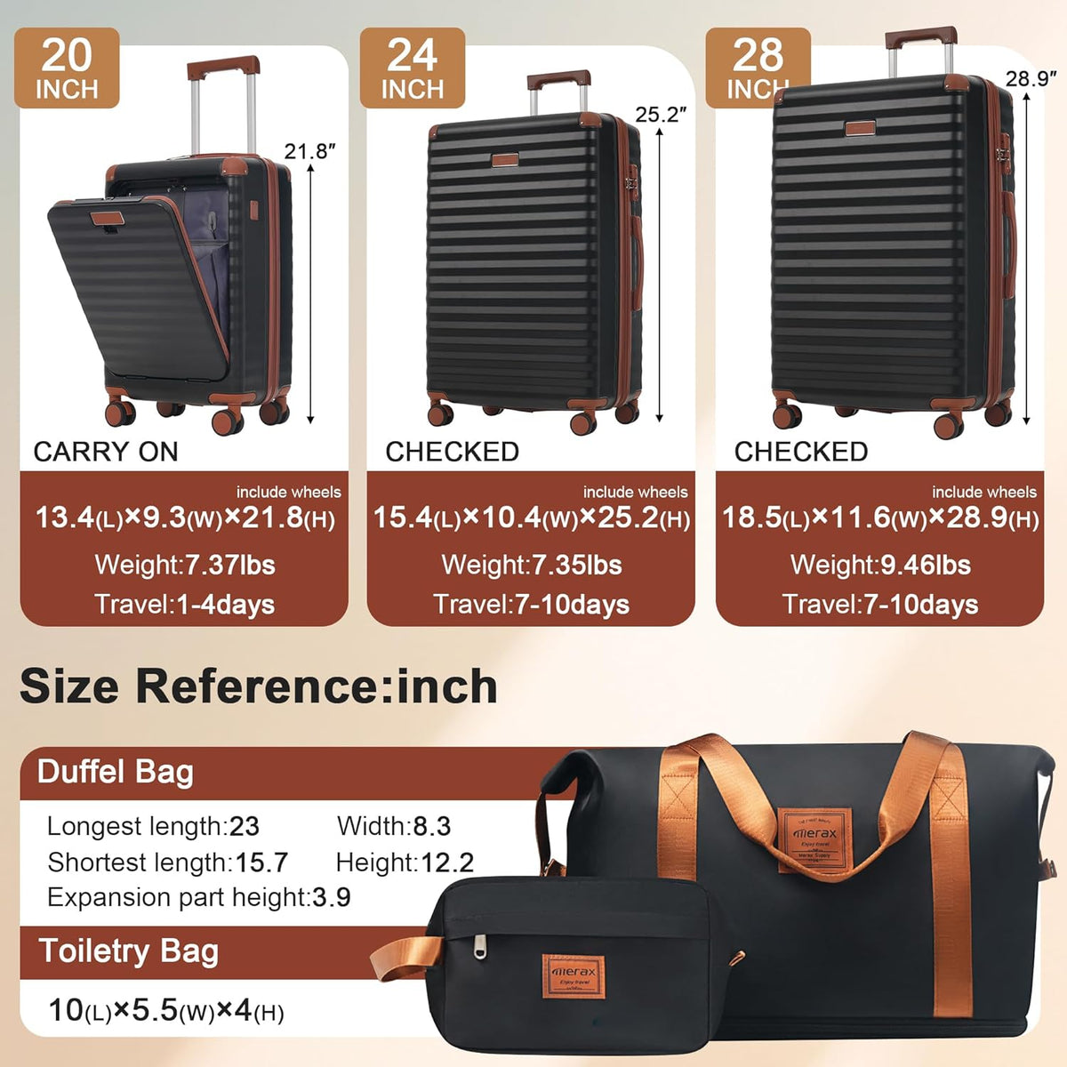 Hardshell Luggage Set, Travel Suitcase Set | Carry on suitcase,Travel luggage set with double spinner wheels and lock.14" 20" 24" 28"+Duffel Bag+Toiletry Bag - Colors B