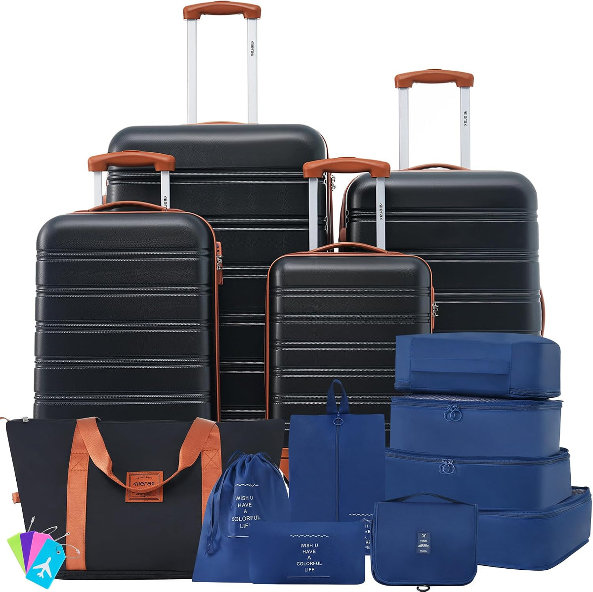 Hardshell Luggage Set, Travel Suitcase Set | Carry on suitcase,Travel luggage set with double spinner wheels and lock.14" 20" 24" 28"+Duffel Bag+Toiletry Bag - Colors B
