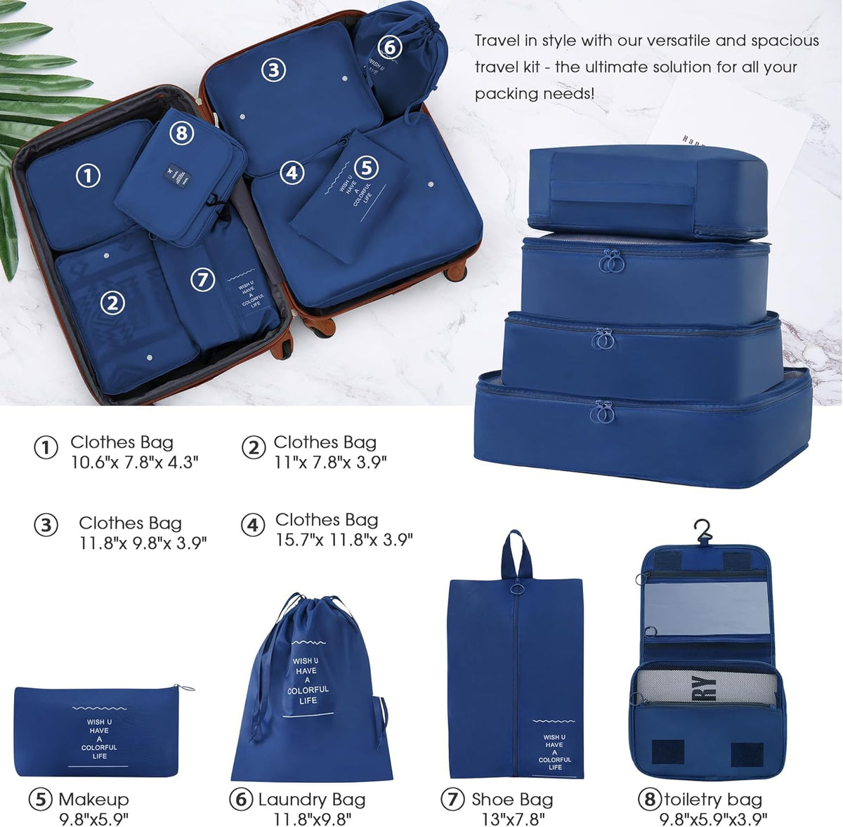 Hardshell Luggage Set, Travel Suitcase Set | Carry on suitcase,Travel luggage set with double spinner wheels and lock.14" 20" 24" 28"+Duffel Bag+Toiletry Bag - Colors B