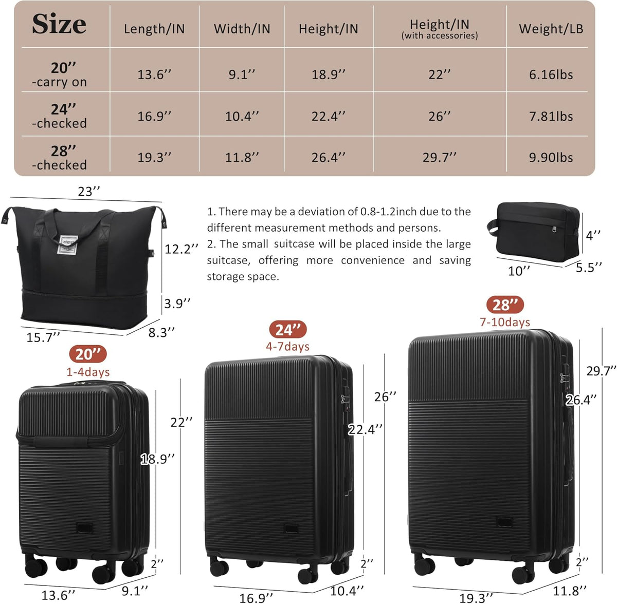 Hardshell Luggage Set, Travel Suitcase Set | Carry on suitcase,Travel luggage set with double spinner wheels and lock.14" 20" 24" 28"+Duffel Bag+Toiletry Bag - Colors B