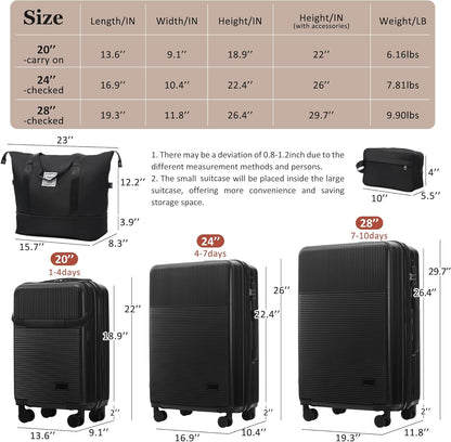Hardshell Luggage Set, Travel Suitcase Set | Carry on suitcase,Travel luggage set with double spinner wheels and lock.14" 20" 24" 28"+Duffel Bag+Toiletry Bag - Colors B