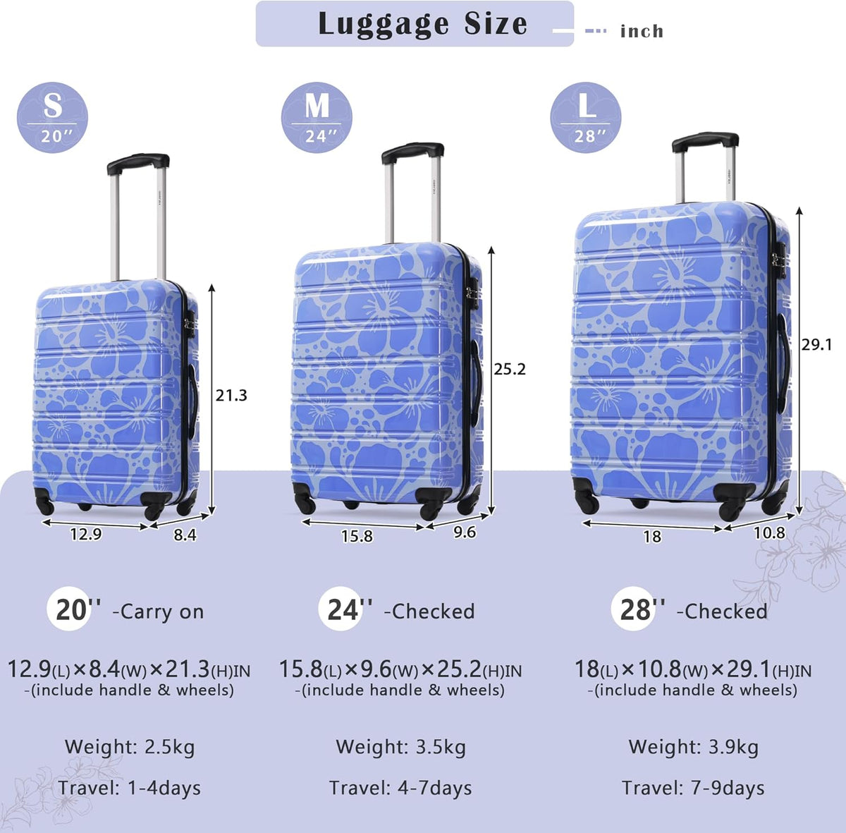 Hardshell Luggage Set, Travel Suitcase Set | Carry on suitcase,Travel luggage set with double spinner wheels and lock.14" 20" 24" 28"+Duffel Bag+Toiletry Bag - Colors B