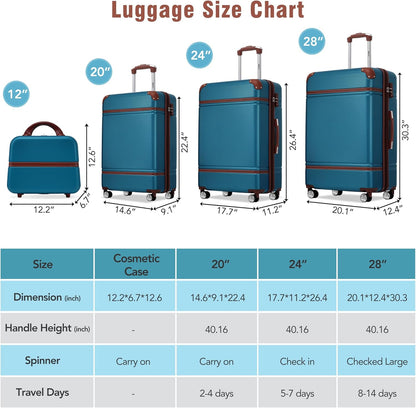 Hardshell Luggage Set, Travel Suitcase Set | Carry on suitcase,Travel luggage set with double spinner wheels and lock.14" 20" 24" 28"+Duffel Bag+Toiletry Bag - Colors B