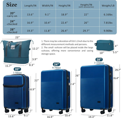 Hardshell Luggage Set, Travel Suitcase Set | Carry on suitcase,Travel luggage set with double spinner wheels and lock.14" 20" 24" 28"+Duffel Bag+Toiletry Bag - Colors B