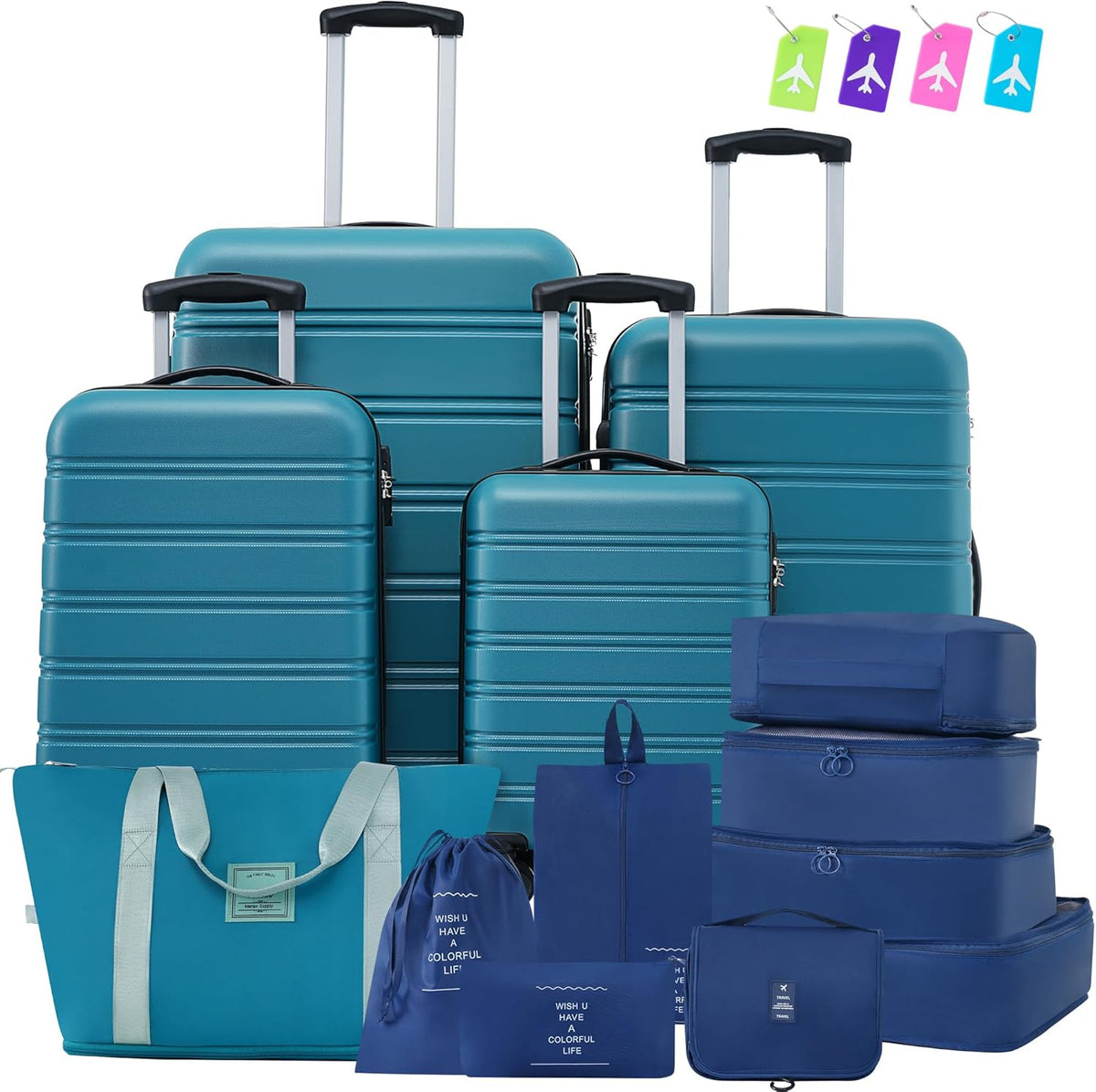 Hardshell Luggage Set, Travel Suitcase Set | Carry on suitcase,Travel luggage set with double spinner wheels and lock.14" 20" 24" 28"+Duffel Bag+Toiletry Bag - Colors B