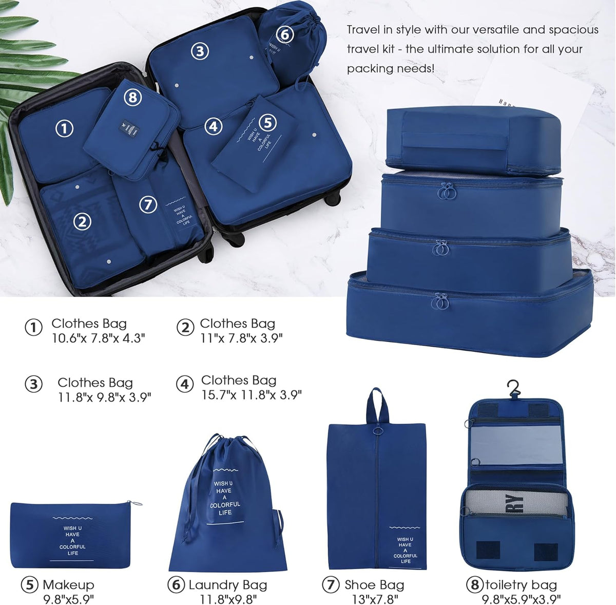 Hardshell Luggage Set, Travel Suitcase Set | Carry on suitcase,Travel luggage set with double spinner wheels and lock.14" 20" 24" 28"+Duffel Bag+Toiletry Bag - Colors B