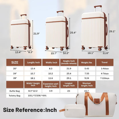 Hardshell Luggage Set, Travel Suitcase Set | Carry on suitcase,Travel luggage set with double spinner wheels and lock.14" 20" 24" 28"+Duffel Bag+Toiletry Bag - Colors B