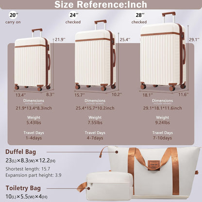 Hardshell Luggage Set, Travel Suitcase Set | Carry on suitcase,Travel luggage set with double spinner wheels and lock.14" 20" 24" 28"+Duffel Bag+Toiletry Bag - Colors B