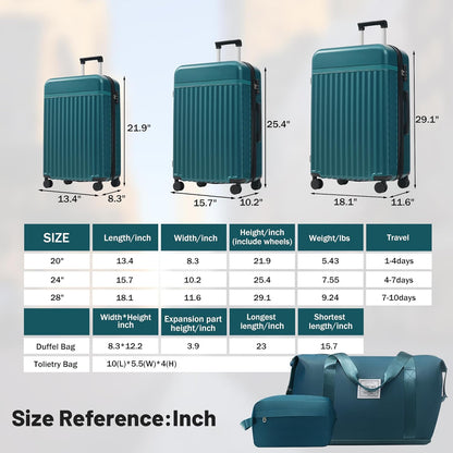 Hardshell Luggage Set, Travel Suitcase Set | Carry on suitcase,Travel luggage set with double spinner wheels and lock.14" 20" 24" 28"+Duffel Bag+Toiletry Bag - Colors B