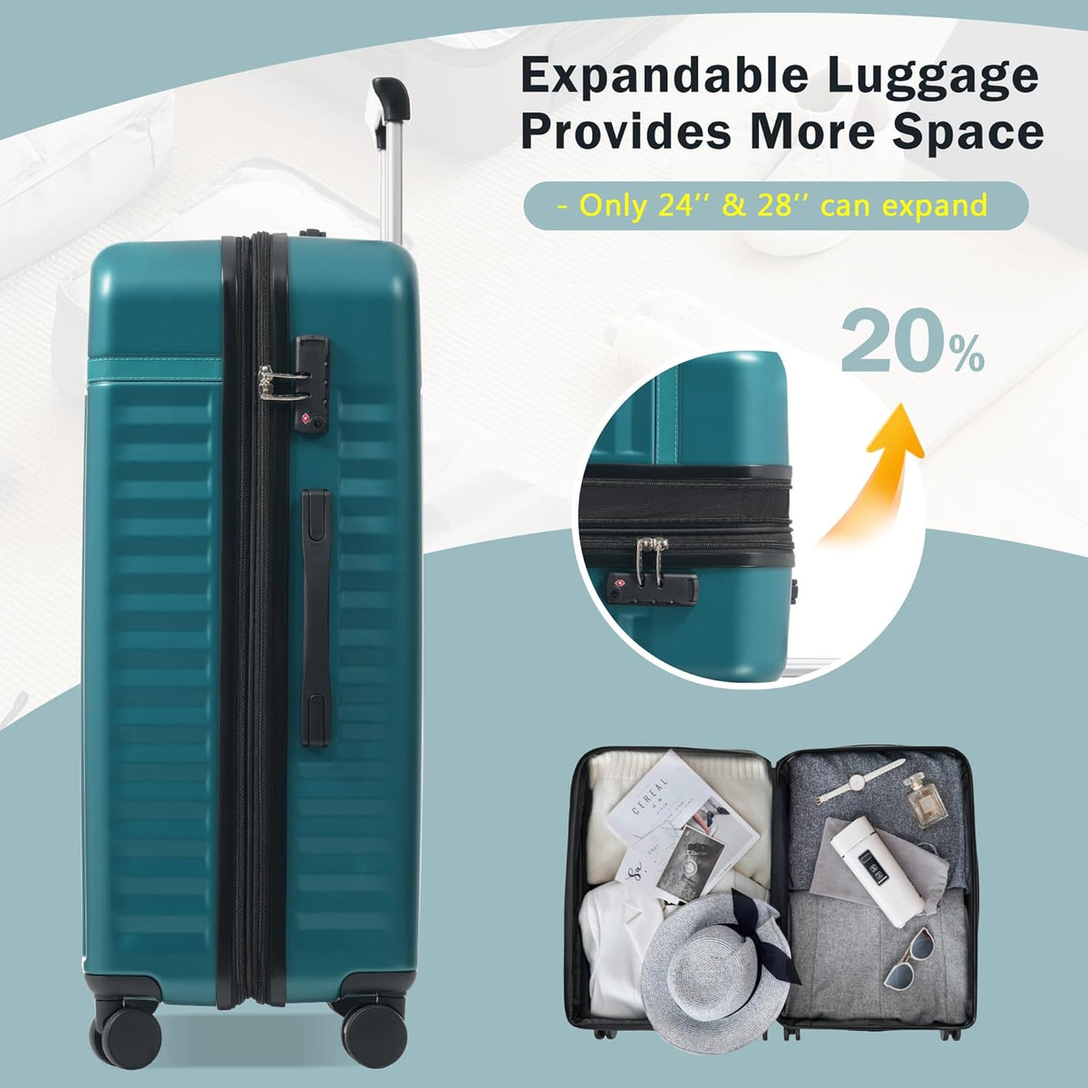 Hardshell Luggage Set, Travel Suitcase Set | Carry on suitcase,Travel luggage set with double spinner wheels and lock.14" 20" 24" 28"+Duffel Bag+Toiletry Bag - Colors B