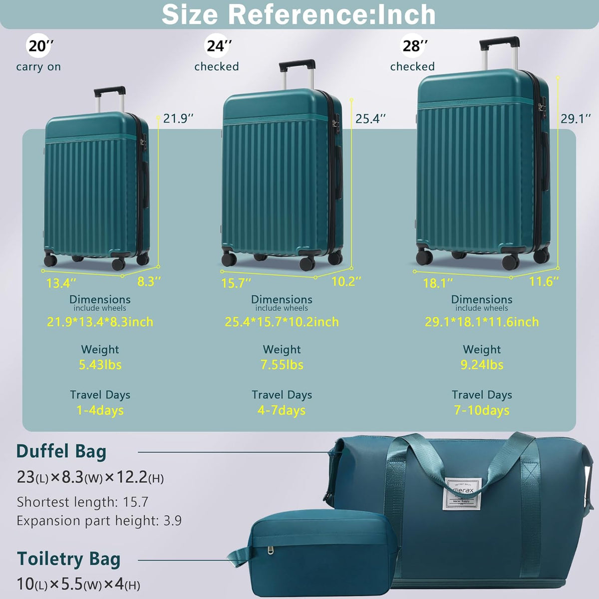 Hardshell Luggage Set, Travel Suitcase Set | Carry on suitcase,Travel luggage set with double spinner wheels and lock.14" 20" 24" 28"+Duffel Bag+Toiletry Bag - Colors B