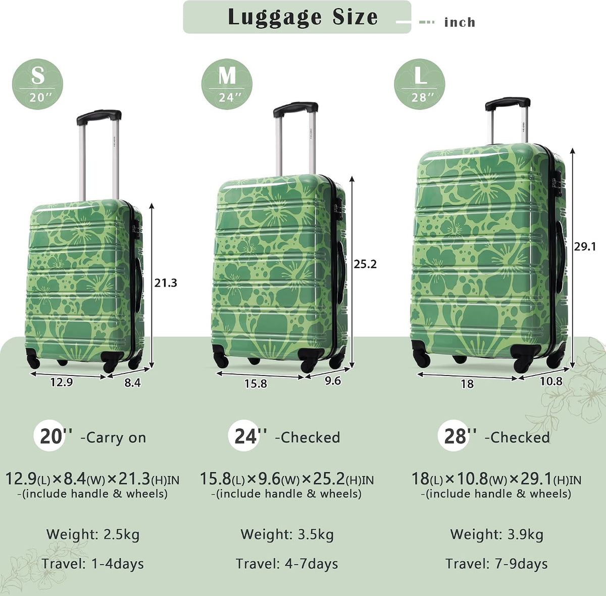 Hardshell Luggage Set, Travel Suitcase Set | Carry on suitcase,Travel luggage set with double spinner wheels and lock.14" 20" 24" 28"+Duffel Bag+Toiletry Bag - Colors B