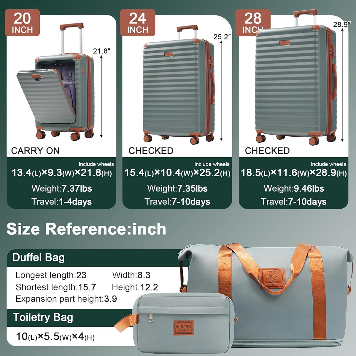 Hardshell Luggage Set, Travel Suitcase Set | Carry on suitcase,Travel luggage set with double spinner wheels and lock.14" 20" 24" 28"+Duffel Bag+Toiletry Bag - Colors B