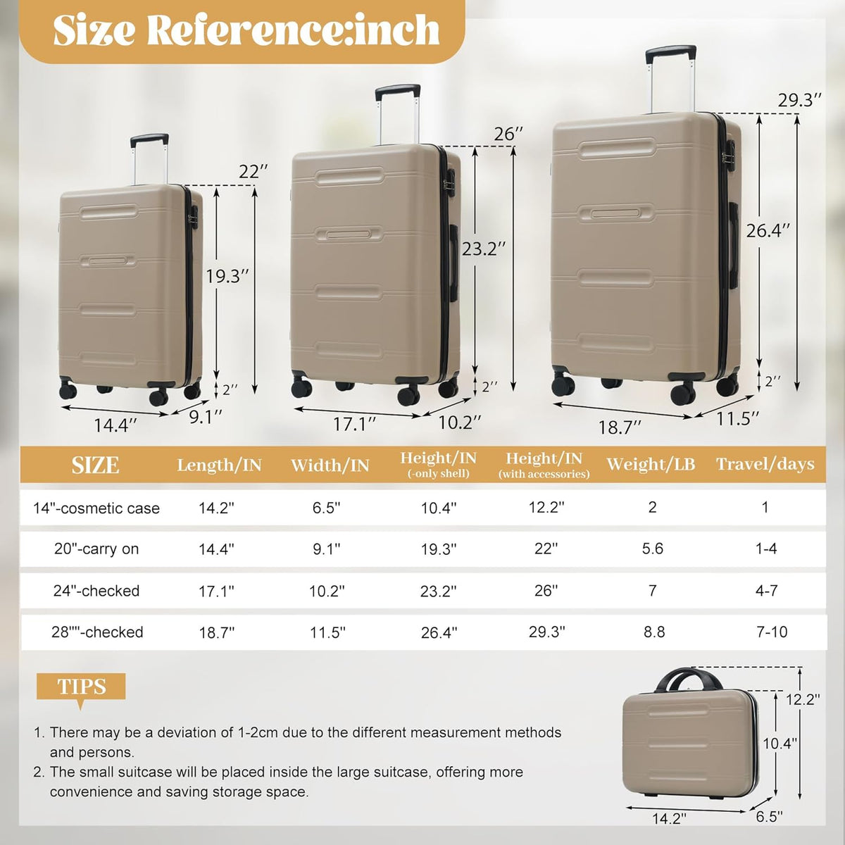 Hardshell Luggage Set, Travel Suitcase Set | Carry on suitcase,Travel luggage set with double spinner wheels and lock.14" 20" 24" 28"+Duffel Bag+Toiletry Bag - Colors B