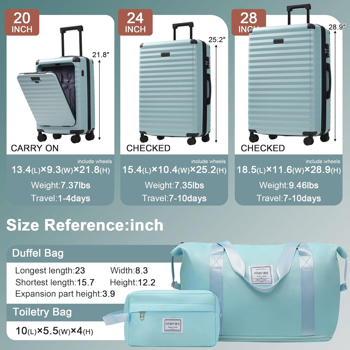 Hardshell Luggage Set, Travel Suitcase Set | Carry on suitcase,Travel luggage set with double spinner wheels and lock.14" 20" 24" 28"+Duffel Bag+Toiletry Bag - Colors B