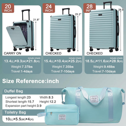 Hardshell Luggage Set, Travel Suitcase Set | Carry on suitcase,Travel luggage set with double spinner wheels and lock.14" 20" 24" 28"+Duffel Bag+Toiletry Bag - Colors B