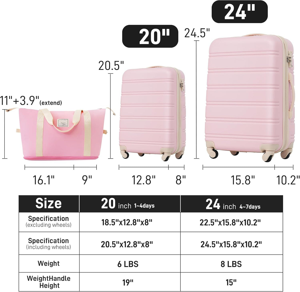 Hardshell Luggage Set, Travel Suitcase Set | Carry on suitcase,Travel luggage set with double spinner wheels and lock.14" 20" 24" 28"+Duffel Bag+Toiletry Bag - Colors B