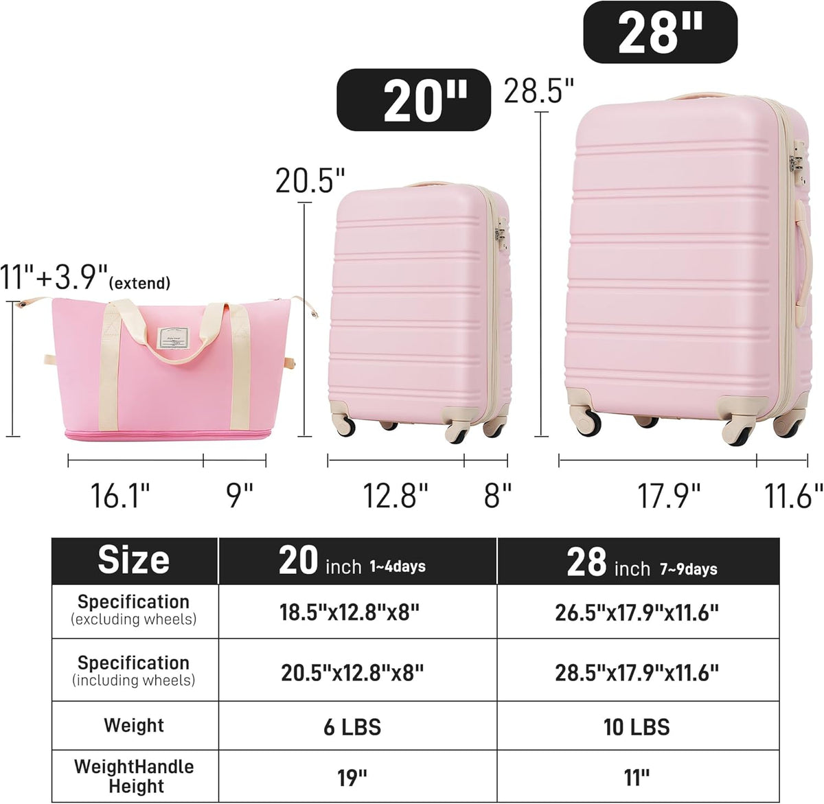 Hardshell Luggage Set, Travel Suitcase Set | Carry on suitcase,Travel luggage set with double spinner wheels and lock.14" 20" 24" 28"+Duffel Bag+Toiletry Bag - Colors B
