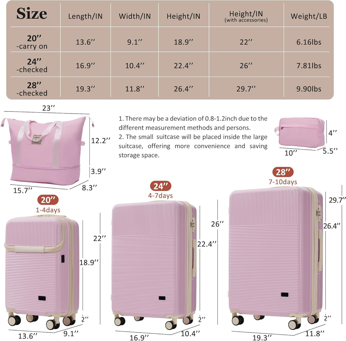 Hardshell Luggage Set, Travel Suitcase Set | Carry on suitcase,Travel luggage set with double spinner wheels and lock.14" 20" 24" 28"+Duffel Bag+Toiletry Bag - Colors B