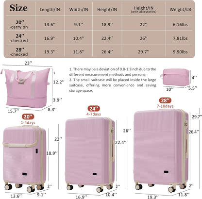Hardshell Luggage Set, Travel Suitcase Set | Carry on suitcase,Travel luggage set with double spinner wheels and lock.14" 20" 24" 28"+Duffel Bag+Toiletry Bag - Colors B