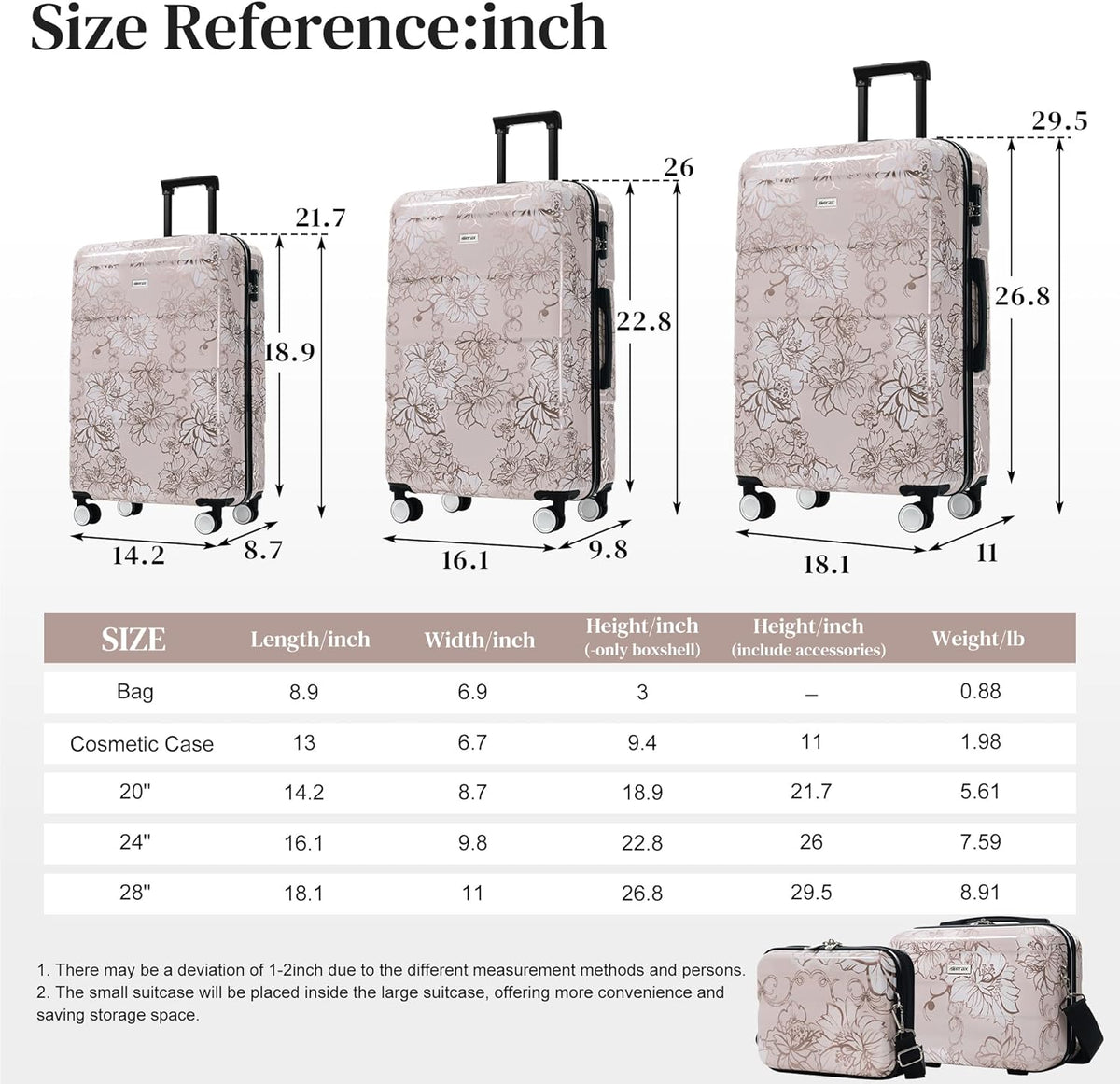 Hardshell Luggage Set, Travel Suitcase Set | Carry on suitcase,Travel luggage set with double spinner wheels and lock.14" 20" 24" 28"+Duffel Bag+Toiletry Bag - Colors B