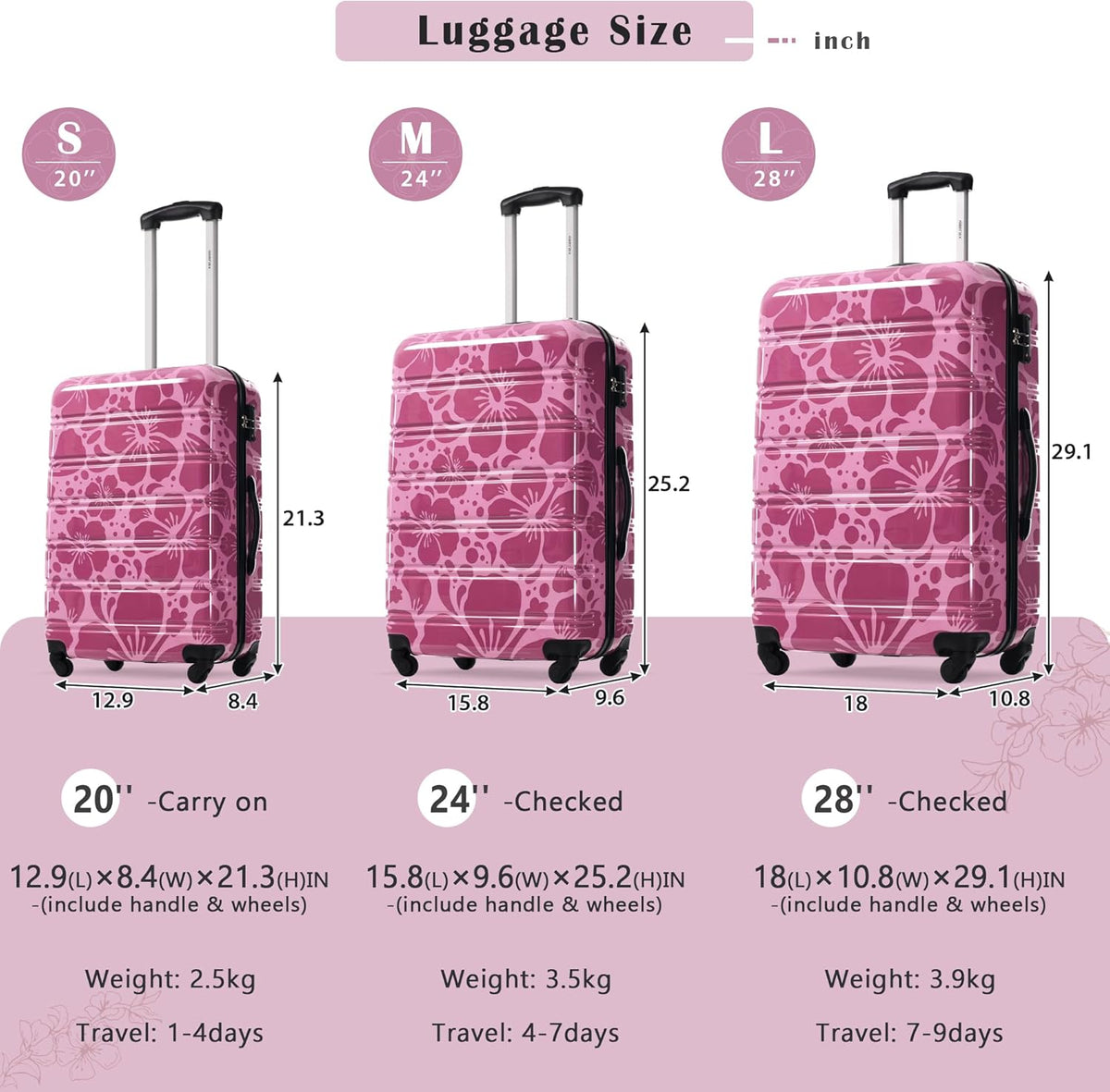 Hardshell Luggage Set, Travel Suitcase Set | Carry on suitcase,Travel luggage set with double spinner wheels and lock.14" 20" 24" 28"+Duffel Bag+Toiletry Bag - Colors B