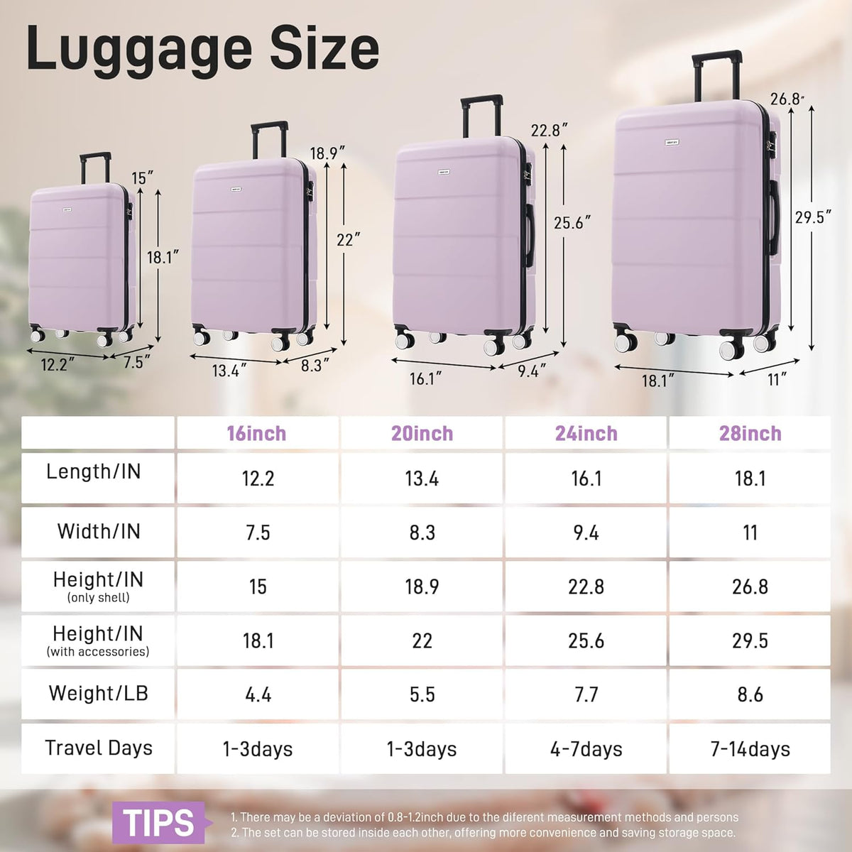 Hardshell Luggage Set, Travel Suitcase Set | Carry on suitcase,Travel luggage set with double spinner wheels and lock.14" 20" 24" 28"+Duffel Bag+Toiletry Bag - Colors B