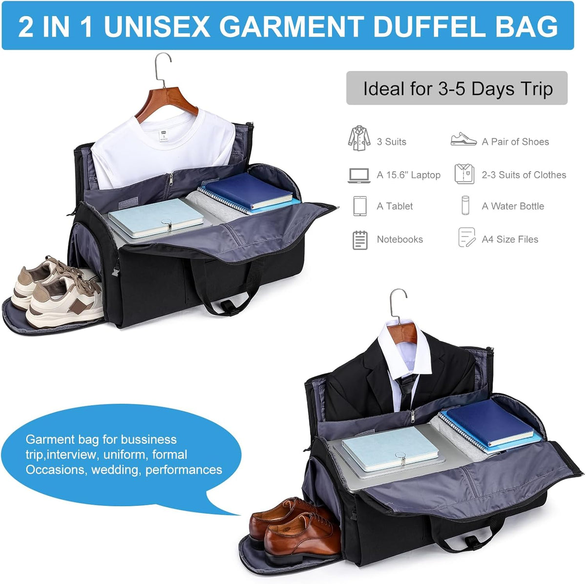 Convertible Duffle Bags for Men, Garment Bag for Travel, Carry on Garment Duffel Bag with Shoe Compartment, 2 in 1 Hanging Dress Suitcase Suit Travel Bags, Black