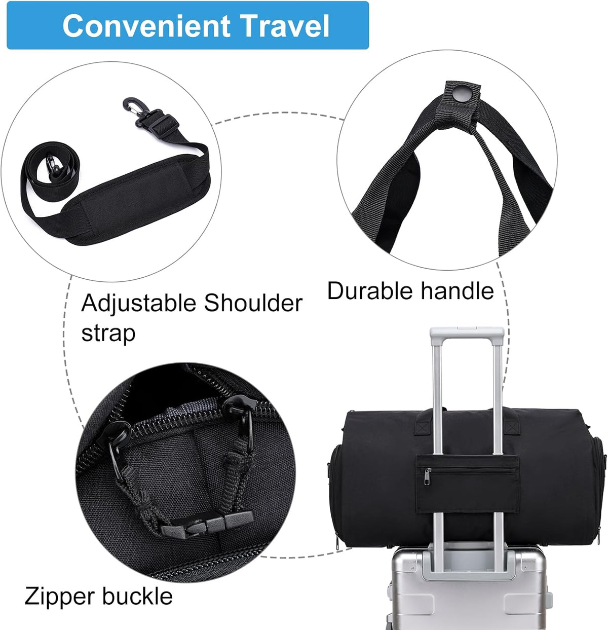 Convertible Duffle Bags for Men, Garment Bag for Travel, Carry on Garment Duffel Bag with Shoe Compartment, 2 in 1 Hanging Dress Suitcase Suit Travel Bags, Black