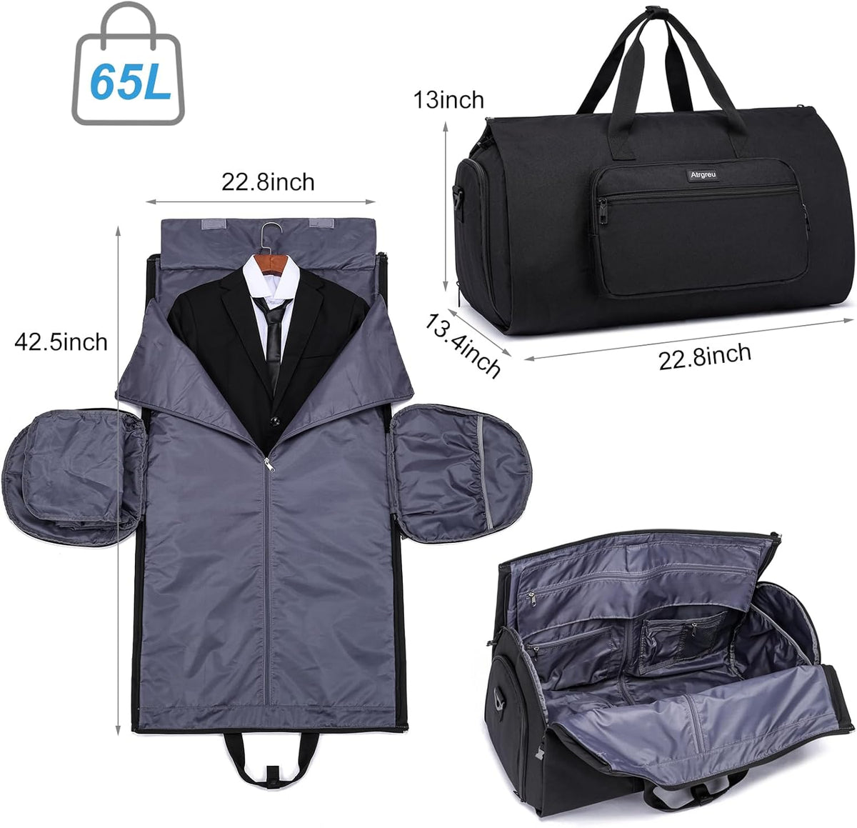 Convertible Duffle Bags for Men, Garment Bag for Travel, Carry on Garment Duffel Bag with Shoe Compartment, 2 in 1 Hanging Dress Suitcase Suit Travel Bags, Black