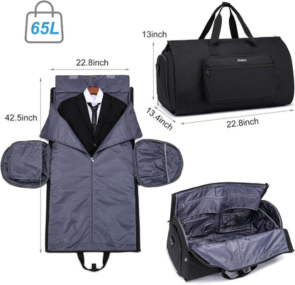 Convertible Duffle Bags for Men, Garment Bag for Travel, Carry on Garment Duffel Bag with Shoe Compartment, 2 in 1 Hanging Dress Suitcase Suit Travel Bags, Black